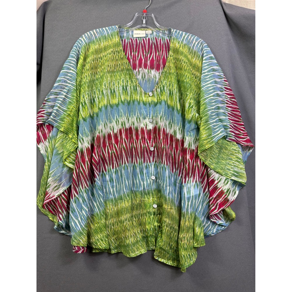 Tribal Jeans Women's Large Green Blue Pink Ikat Print Flutter Sleeve Button Top